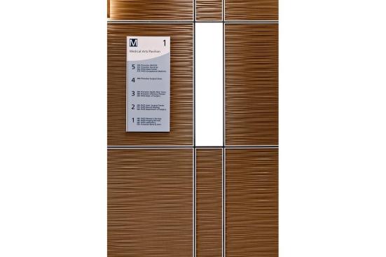 LEVELe Wall System with Capture panels; insets in Bonded Bronze with Natural Patina and Kalahari pattern; LightPlane panels in ViviChrome Chromis glass with White interlayer and Standard finish at Princeton Medical Arts Pavilion, Plainsboro, New Jersey