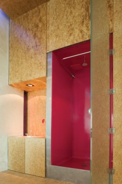 A splash of tomato red brightens a shower on the mezzanine level.