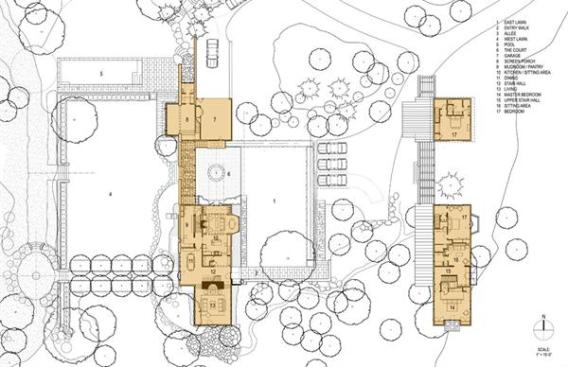 The project's site plan. This country property, more than a mile from the main road, evokes an Italian villa with its simple gables and formal relationship between the house and layered gardens.