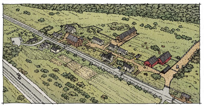 Graphic representation of the future configuration of Shaker Village. It illustrates the proposed new buildings such as the Cow Barn, the Visitor Center, the Farmer’s Market, and Brother Delmer’s Ell.