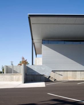 Detail of sunlight, shadows, and the galvalume skin system.