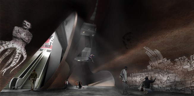 Sketch of Cross-Section Showing Programming Across Urban Lobby