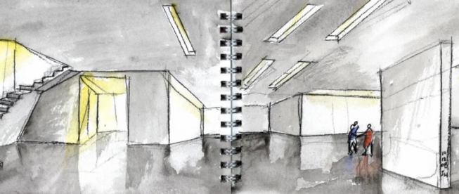 Watercolor of Daeyang Gallery interior space with skylit slits above.