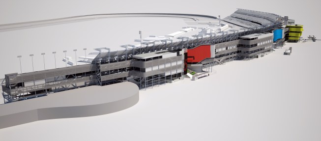 Northeast+aerial+of+grandstands%2c+showing+new+concourses%2c+perforated+metal+skin%2c+and+fan+injectors.++Skin+is+continuous+ribbons+inspired+by+the+tight+bunching+of+race+cars+approaching+the+start+finish+line.