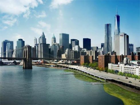 Aerial view of proposed wetlands north of the Brooklyn Bridge as part of the East River Blueway Plan.
