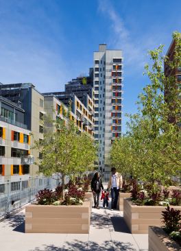 Stepped housing types from townhouses to tower apartments.