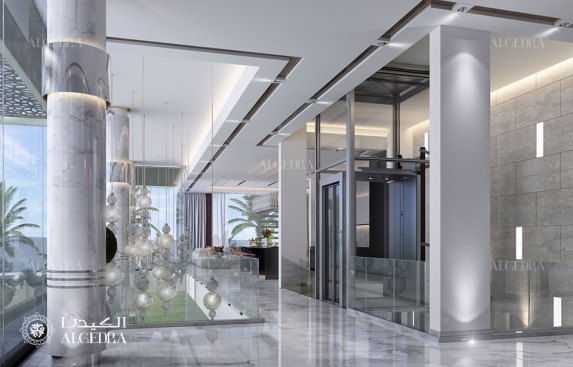 Luxury villa hall with elevator