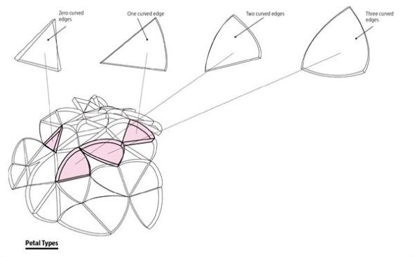 Four types of petals were used in construction?those with zero, one, two, or three curved edges. These petals were then placed and secured in a pattern that allows compression vaults to be formed.