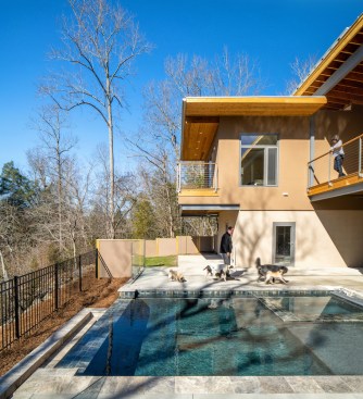 The lower terrace, pool, and a few members of the homeowners’ daycare service for dogs.