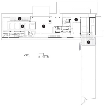 Second floor 1. entry 2. dining 3. pool 4. office 5. pro shop 6. men's lounge 7. men's locker 8. women's lounge 9. deck