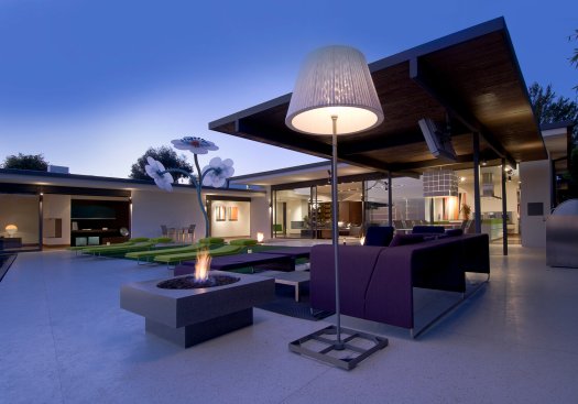 Hopen Place Hollywood Hills modern home outdoor entertainment patio with firepit and outdoor living room furniture