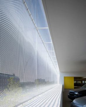 A view from inside the garage showing the backside of the stainless steel mesh panels.