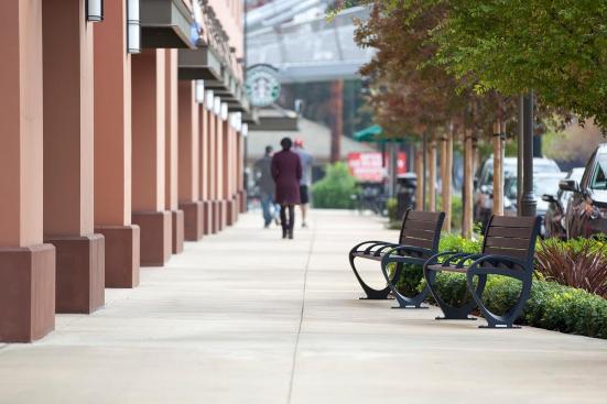 BART, Pleasant Hill/Contra Costa Centre Station Trio Benches shown in 6 foot, backed configuration with Black Texture powdercoat Trio Benches shown in 6 foot, backed configuration with Black Texture powdercoated frame, extruded aluminum slats and two armrests at BART, Pleasant Hill/Contra Costa Centre Station, Walnut Creek, California