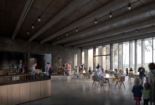 Surfaces in concrete and metal continue the bunker’s 
crude exterior and is broken internally by fittings in pale wood.