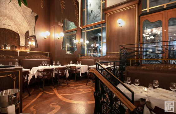 INTERIOR/
From the central entrance and bar, the restaurant splits into two zones, each a reinterpretation of early 20th century Parisian dining. On the north is the informal, casual dining while on the south, through the stained glass doors is the formal dining room. Both sides of the restaurant include mezzanine seating and are designed with their respective ambiences in mind. The north and south side of the restaurant incorporates a brasserie style, oyster bar, subway tile-clad walls and artwork reflective of the joie de vivre era of 1920’s Paris. By contrast, the right and north side of the restaurant incorporates a charcuterie bar, oak clad walls and floors, integrated booth seating and artwork reflective of the more refined and formal aspects of the Belle Époque era.
