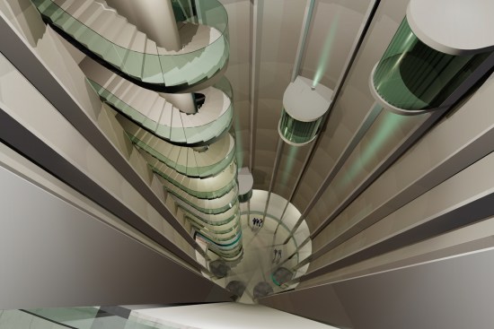 Internal 3D render of the stair and lift tower