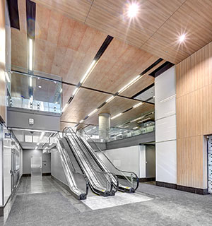 Delivering the desired aesthetic of wood and the performance benefits of metal, SpanAir hook-on ceiling panels were painted in WoodScenes Lazy Maple
with matching custom trim.