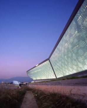 The custom-designed sculptural skylights rest on the planted roof.