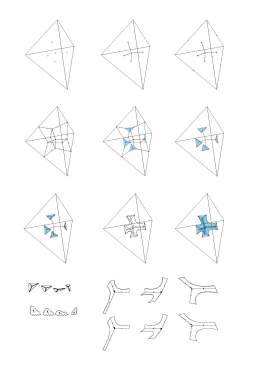 Area designed C-Lith using a code that translates a packed tetrahedral base geometery into individual parts to produce related but variable component geometries.
