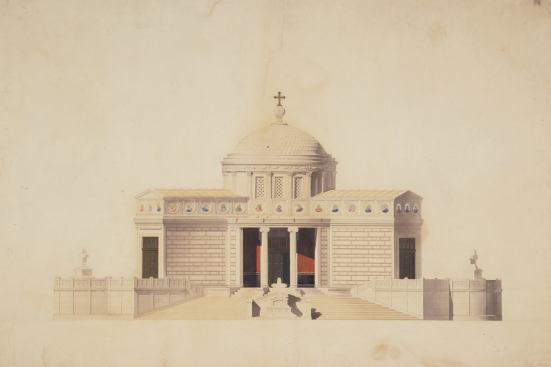 Monument à la trinité (project). Drawing by architect Richard Morris Hunt, before 1855. Original architectural drawing from Hunt's time in Paris, showing a design for a church or memorial building in the Beaux-Arts style.