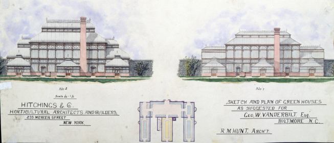 Biltmore Estate greenhouses, Asheville, North Carolina. Greenhouses.  Drawing by the office of Richard Morris Hunt architect; Hitchings & Co., horticultural architects.