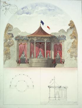 Bandstand. École des Beaux-Arts examination drawing by architectural student Richard Morris Hunt, March 7th, 1849. Original examination drawing for a "concours sur esquisse," at the École des Beaux-Arts, Paris.