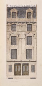 J. Q. A. Ward houses, 7 & 9 West 49th Street, New York City, designed by architect Richard Morris Hunt, photograph after 1869.  Shows the architect's design as completed.