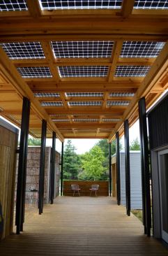 The Homestead’s outdoor living space is protected by an 8.2-kilowatt trellis of bifacial solar cells. Bark siding covers one of the Flex-Outbuilding Modules.