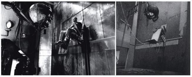 Still from the film 
12 Monkeys (left); 
Neomechanical Tower (right). Lebbeus Woods's work served as inspiration for this set for the movie, and he was awarded damages after suing the production.
