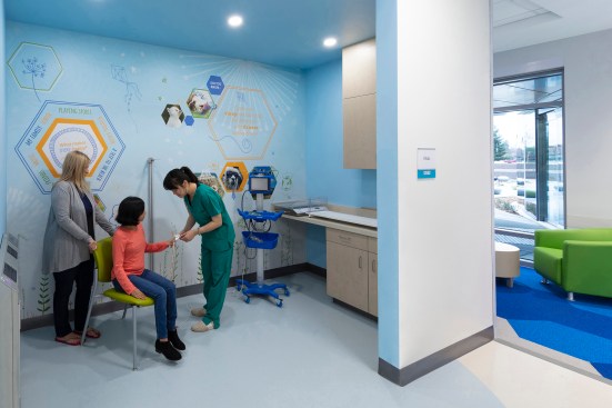 The weight and scale room that greets children before entering the exam room was designed to make the clinical experience fun and relaxing.