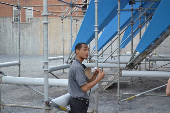 “I’ve seen it from scratch. I’ve seen everything, from the first little nail they put on the ground, and it’s, wow, amazing. I’ve never seen anything like it. Not only that, you can actually breathe better. I live in the Bronx, so I notice it—this air is way different. Everybody loves it—everybody loves it. The kids think it’s like a pool party. This is my second year working here, and usually the temperature in the yard is even hotter than the street. This year, this thing is like a giant A/C. It actually cools you down. It’s refreshing. They made my summer better. They came in here with computerized drawings, and you know what: They made this thing exactly like those pictures. People always tell me I’m infatuated with this thing. And you know what? I actually am. I’ve seen it come up out of nothing. It’s awesome.” —Juan Rivera, MoMA Security