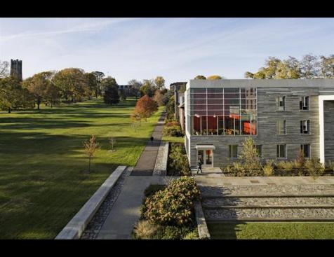 The new buildings nestle into the lush campus.