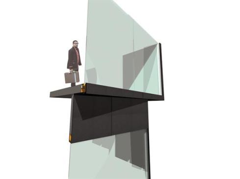 The building?s steel frame is clad in EPDM sheet rubber that is bonded to resin plywood panels. Large windows are formed from 1-3/4" insulated glazing units, canted 3 degrees, and fit into a stainless steel assembly.