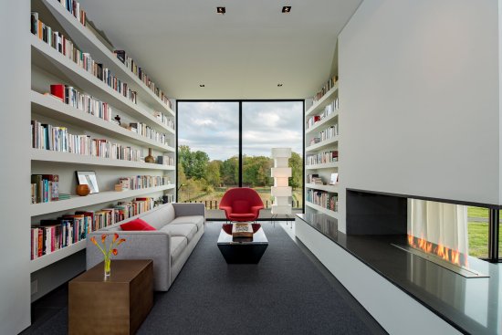 Walker Road modern home library and reading room with fireplace