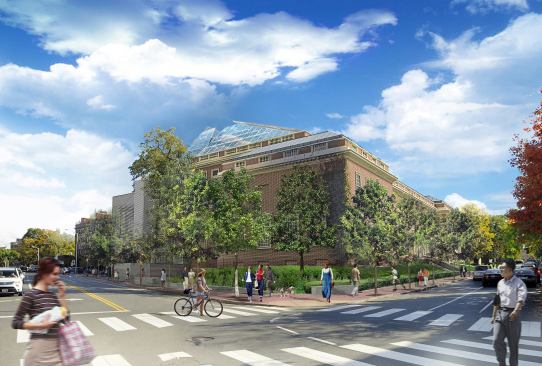 Rendering of the Harvard Art Museums, showing the view from Broadway and Quincy Street.