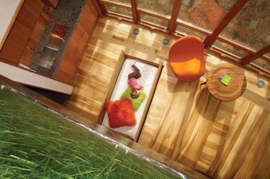 residential architect, September/October 2008  Under the Lotus Yoga Studio, Clarke County, Va.  Architect: Carter + Burton Architecture, Berryville, Va.; Builder/Woodworker: Charles H. Snead Co., Boyce, Va.   Inspired by the main house's ultra-efficient plan, the clients came up with the idea of embedding sleeping berths into the yoga studio's floor. To accomplish this, architect Jim Burton designed three boxes measuring just more than 6 feet, 8 inches in length to fit beneath the floorboards above the plywood subfloor. He slipped them between the floor joists. Custom mattresses fill the boxes and are each concealed by a pair of interlocking floor panels, which fit into slots flanking each bed. When the floor panels are open, the fiberglass bands that protect the custom mattresses and support the yoga floor can be removed to serve as benches.