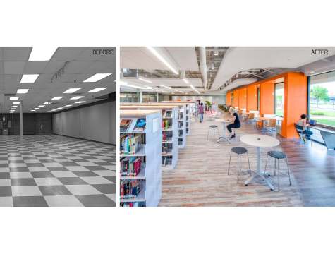 Before and After View of the "Café" area booth seating and laptop lane