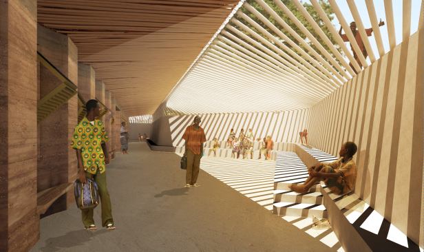 At Gando Secondary School in Gando, Burkina Faso, the shaded landscape creates platforms for meetings and teaching, and allow for natural ventilation.  Photo © Holcim Foundation.
