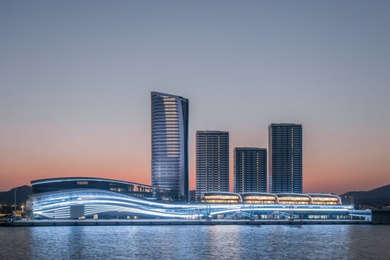 Design concept and Evening view, displaying the whale-like architectural form