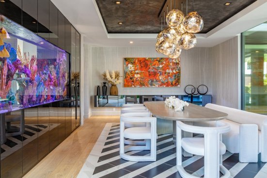 Modern Los Angeles home luxury dining room with colorful interior design.