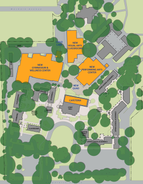 The masterplan sites three buildings around existing trees to define a new open space.