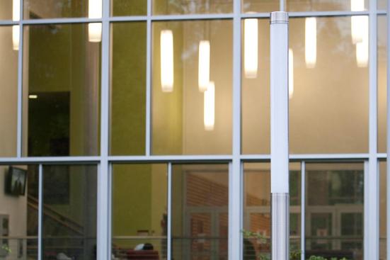 Light Column Pedestrian Lighting shown with 180 degree perforated shield at Pierce College Fort Steilacoom, Lakewood, Washington