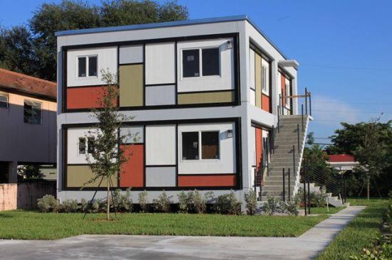 The completed two-unit garden apartment, as seen from the street.