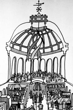 A sketch depicting Benjamin Thompson's scheme for Faneuil Hall's redevelopment, drawn during the design phase.