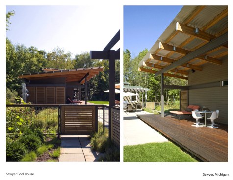 Landscaping around the pool house and deck area / Deck overhang