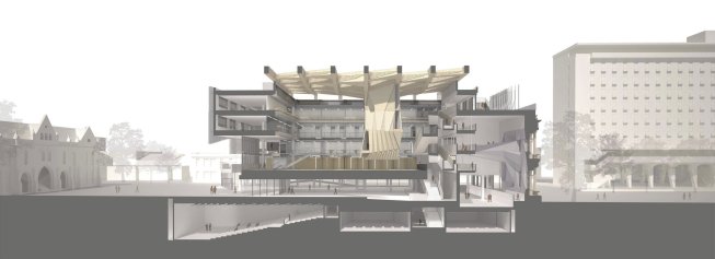 East–west section showing the central atrium and the hanging studio construct.