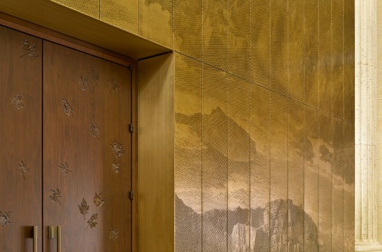 Detail of bronze panels and Committee Room doors with a leaf pattern of ten native maple trees that were hand-carved, scanned, then CNC-carved.