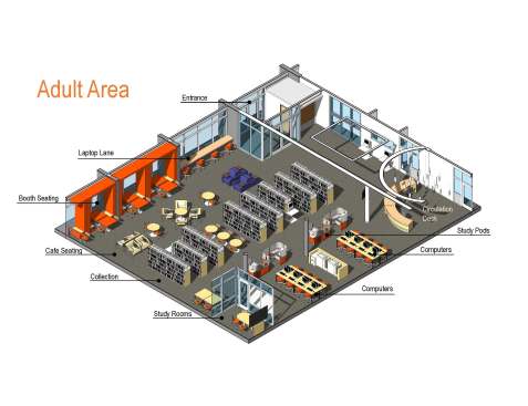 View of adult area with booth seating along storefront