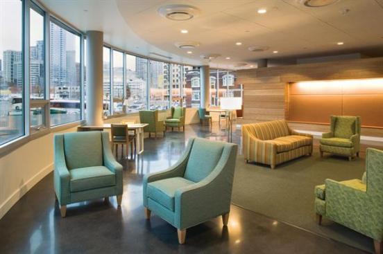 Weinstein A|U worked to create places that connect the building and the city, such as this sunny, second-floor common area.