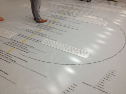 The floor of the pavilion is covered in a timeline that records major events in the history of urban development.